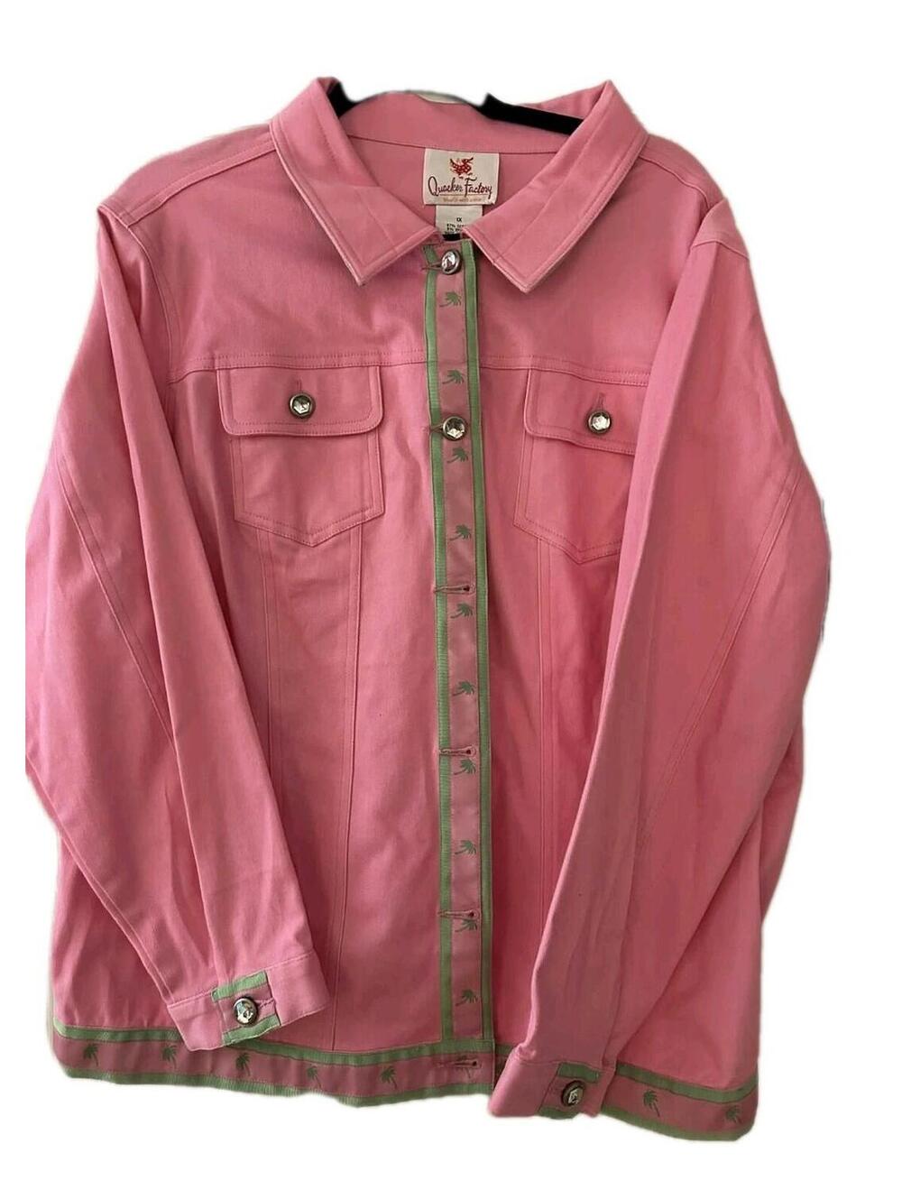 Quaker Factory Women’s Top; Size 1X Coastal Grandma Palm Tree Pink Glass Buttons